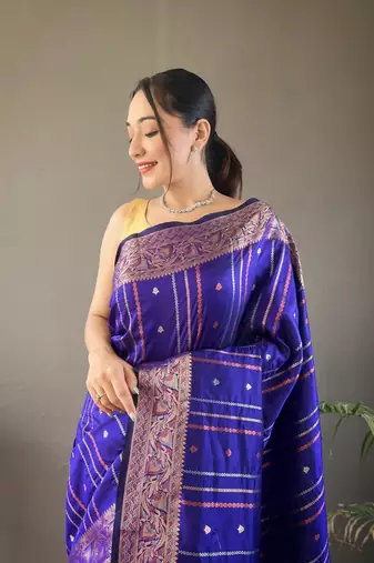 Violet Nidhi Banarsi style copper zari silk bland border & Rich Pallu Saree with Blouse
