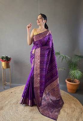 Wine Nidhi Banarsi style copper zari silk bland border & Rich Pallu Saree with Blouse 1