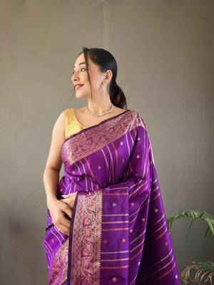 Wine Nidhi Banarsi style copper zari silk bland border & Rich Pallu Saree with Blouse 3