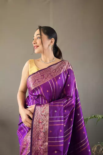 Wine Nidhi Banarsi style copper zari silk bland border & Rich Pallu Saree with Blouse