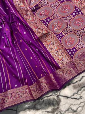 Wine Nidhi Banarsi style copper zari silk bland border & Rich Pallu Saree with Blouse 5