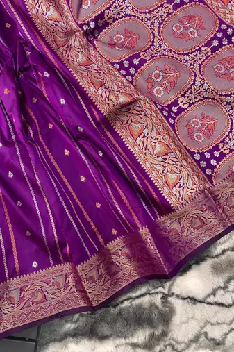 Wine Nidhi Banarsi style copper zari silk bland border & Rich Pallu Saree with Blouse