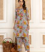  blue cotton floral print striped print co-ord set