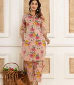  pink cotton floral print striped print co-ord set