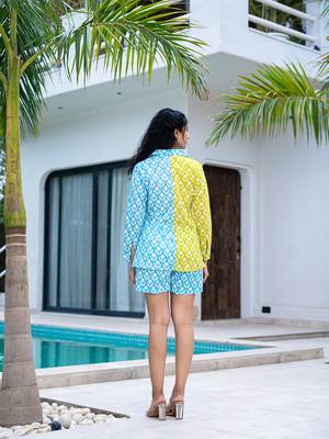  lime green and blue cotton colour blocking shirt and shorts co-ord set 3