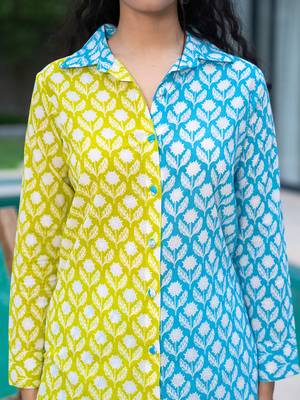  lime green and blue cotton colour blocking shirt and shorts co-ord set 4