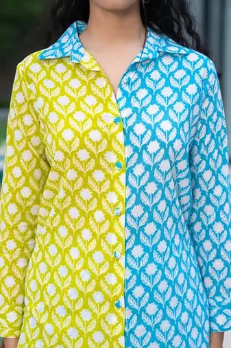  lime green and blue cotton colour blocking shirt and shorts co-ord set