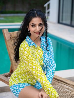  lime green and blue cotton colour blocking shirt and shorts co-ord set 5