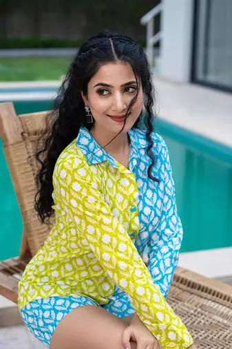  lime green and blue cotton colour blocking shirt and shorts co-ord set