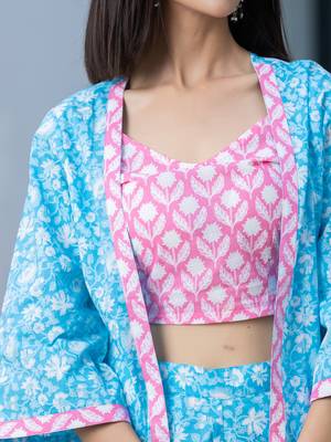  pink and blue crop top and shorts co ord set add jacket 4
