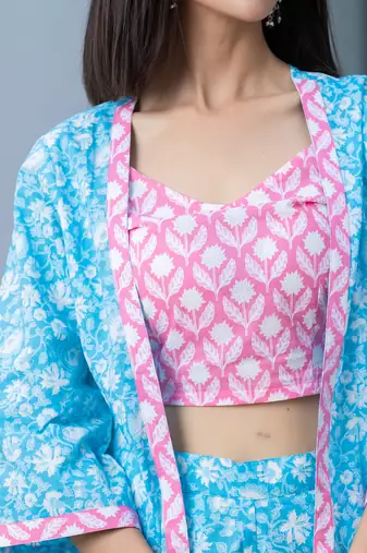  pink and blue crop top and shorts co ord set add jacket