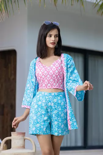  pink and blue crop top and shorts co ord set add jacket