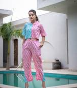  pink and blue crop top and trouser co ord set