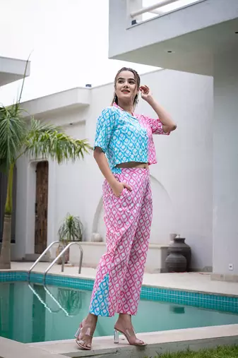  pink and blue crop top and trouser co ord set