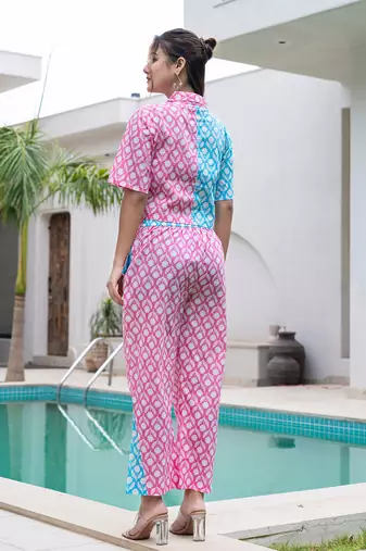  pink and blue crop top and trouser co ord set