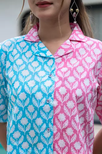  pink and blue crop top and trouser co ord set