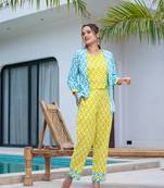  lime green and sky blue crop top and trouser co ord set add jacket