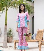  pink and sky blue top and trouser colour blocking co ord set