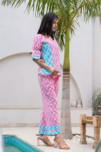  pink and sky blue top and trouser colour blocking co ord set
