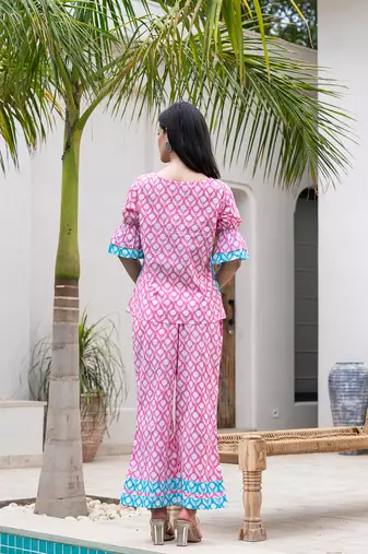  pink and sky blue top and trouser colour blocking co ord set