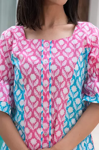  pink and sky blue top and trouser colour blocking co ord set