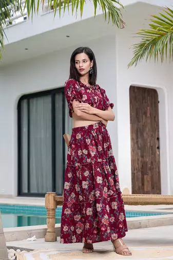  cotton maroon skirt co-ord set