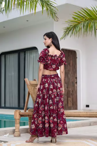  cotton maroon skirt co-ord set