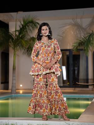  beige cotton peplum sharara co-ord set 1
