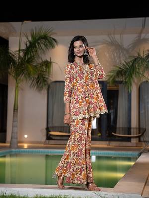  beige cotton peplum sharara co-ord set 2