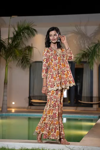  beige cotton peplum sharara co-ord set