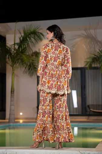  beige cotton peplum sharara co-ord set