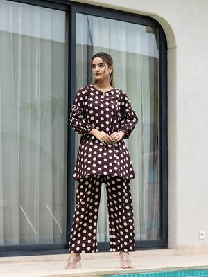  brown polka dot print top and trouser co ord set 1