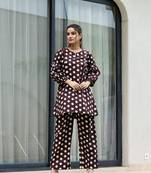  brown polka dot print top and trouser co ord set