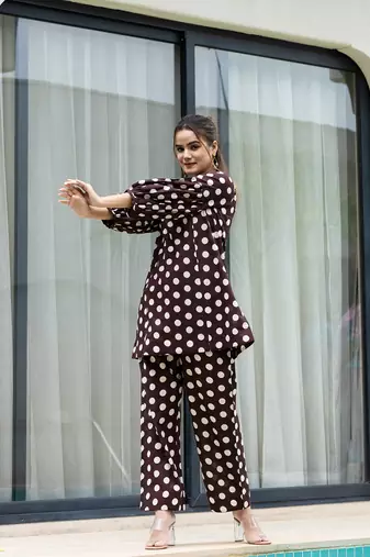 brown polka dot print top and trouser co ord set