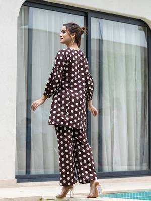  brown polka dot print top and trouser co ord set 3