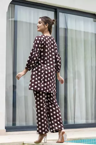  brown polka dot print top and trouser co ord set