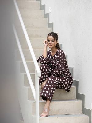  brown polka dot print top and trouser co ord set 4