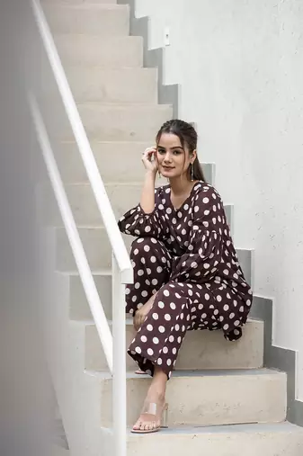  brown polka dot print top and trouser co ord set