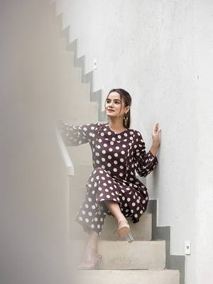  brown polka dot print top and trouser co ord set 5