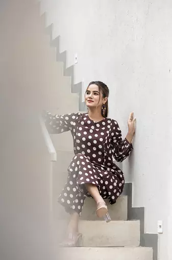  brown polka dot print top and trouser co ord set