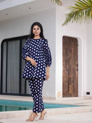  navy blue polka dot print top and trouser co ord set 1