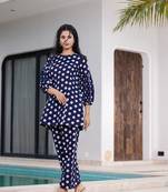  navy blue polka dot print top and trouser co ord set