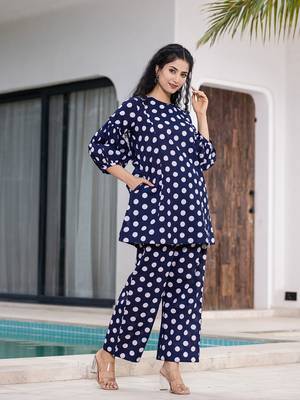  navy blue polka dot print top and trouser co ord set 2