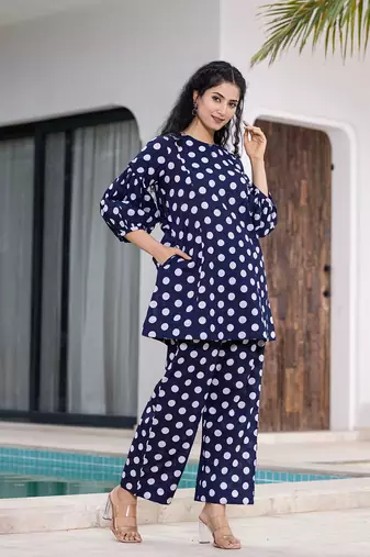  navy blue polka dot print top and trouser co ord set