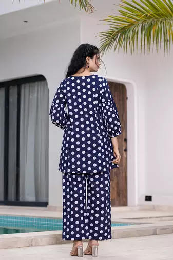  navy blue polka dot print top and trouser co ord set