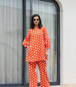  orange polka dot print top and trouser co ord set