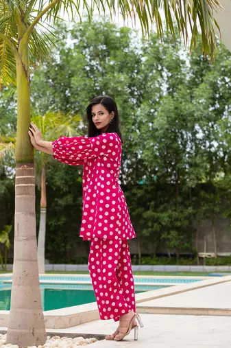  pink polka dot print top and trouser co ord set