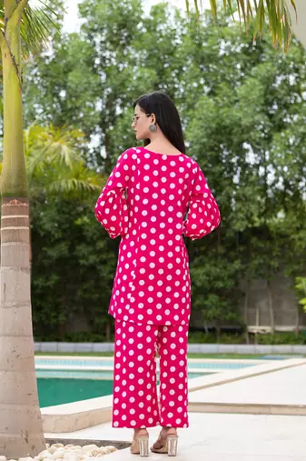  pink polka dot print top and trouser co ord set