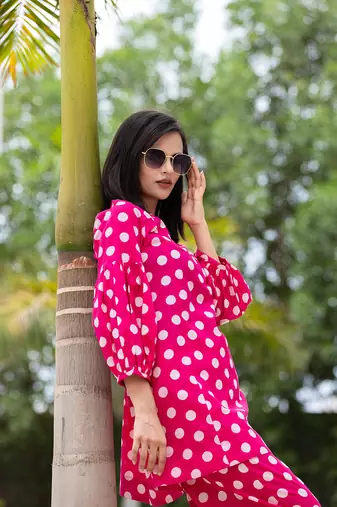  pink polka dot print top and trouser co ord set