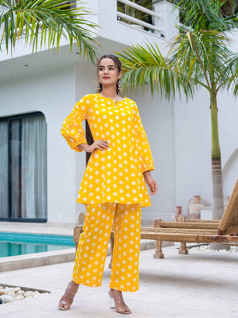 Yufta yellow polka dot print top and trouser co ord set